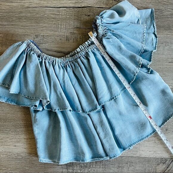 Zara Premium Denim Crop Off Shoulder Ruffle Top - Picture 5 of 6